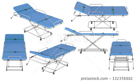 Medical stretcher trolley, adjustable blue, multiple views. 3D rendering 132356882