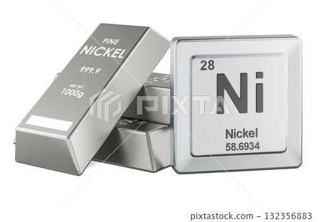 Nickel bullion bars with periodic table element Ni. 3D rendering 132356883