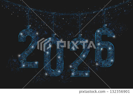 Abstract isolated blue image of new year number 2026. Polygonal low poly wireframe illustration looks like stars in the black night sky in space or flying glass shards. Digital web, internet design. 132356901