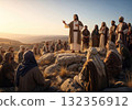 A majestic, dramatic illustration depicting Jesus Christ delivering a sermon or lesson to a large group of people, possibly the Sermon on the Mount or an open-air teaching moment 132356912