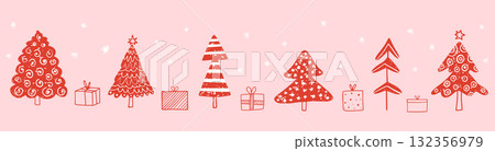 Hand Drawn Christmas Trees and Gift Boxes in Red on Pink Background, Holiday Banner or Greeting Card Hand Drawn Christmas Trees and Gift Boxes in Red on Pink Background, Holiday Banner or Greeting Card 132356979
