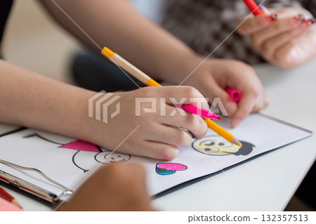 Back to School students drawing and coloring for classroom activities 132357513
