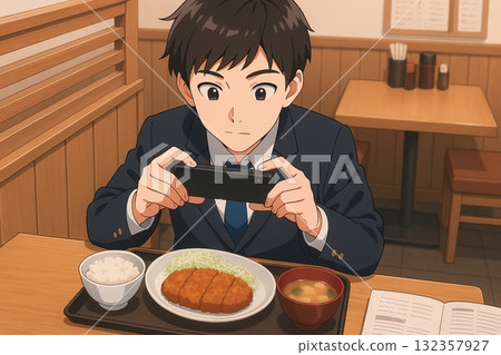 一名男學生在學校食堂拍攝食物 132357927