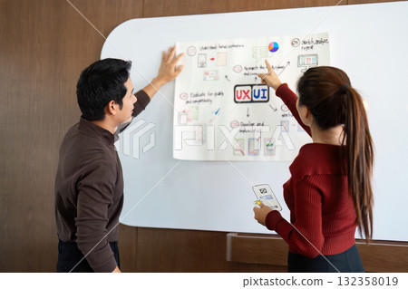 Presenting UX UI Concepts. Team members present UX UI design strategies for collaborative feedback and refinement. 132358019