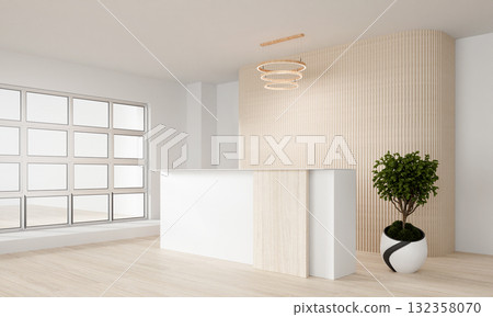 Modern office reception area design with natural elements, 3D render illustration. Modern office reception area design with natural elements, 3D render illustration. 132358070