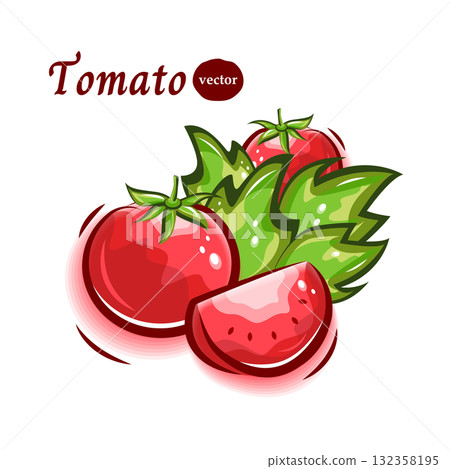 新鮮、成熟的西紅柿和樹葉的可愛而流行的插圖 132358195