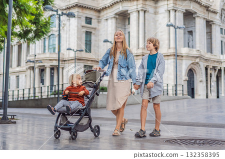 Mother tourist with her two sons in front of Palacio de Bellas Artes in Mexico City, enjoying family travel, architecture, and cultural heritage. Family travel and bonding concept Mother tourist with her two sons in front of Palacio de Bellas Artes in Mexico City, enjoying family travel, architecture, and cultural heritage. Family travel and bonding concept 132358395
