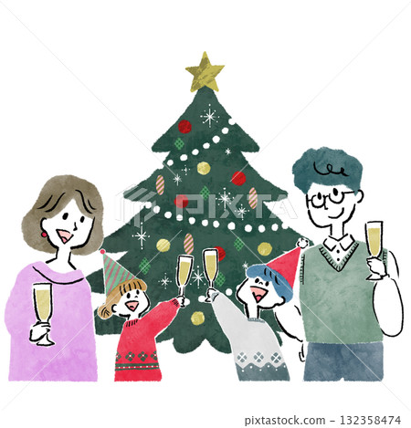 Illustration of a family of four toasting in front of a Christmas tree Christmas party Illustration of a family of four toasting in front of a Christmas tree Christmas party 132358474