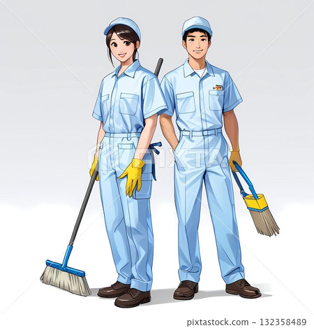 男女清潔人員燦爛微笑的插圖（白色背景） 132358489