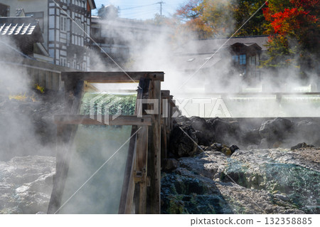 Autumn at Kusatsu Onsen: Steam rising from the Yubatake 132358885