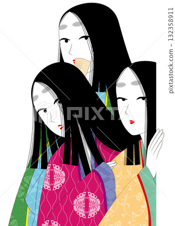 三個人偷看。日本傳統服飾「浮木」。平安時代風格的女性插畫。 三個人偷看。日本傳統服飾「浮木」。平安時代風格的女性插畫。 132358911