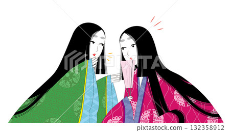 日本傳統服飾「團扇」。平安時代風格的女性插畫。兩人正在竊竊私語。 日本傳統服飾「團扇」。平安時代風格的女性插畫。兩人正在竊竊私語。 132358912