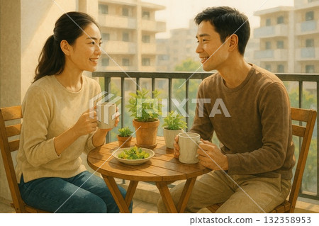 Relaxing with herbal tea on the balcony Relaxing with herbal tea on the balcony 132358953