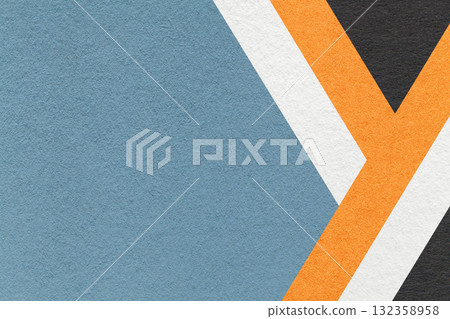 Abstract cool blue textured paper background with white, orange, black geometric lines, copy space for graphic banner 132358958