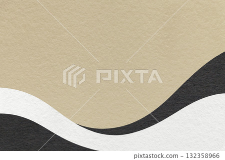 Textured beige paper background with white and black wavy lines and waves, copy space for banner, presentation 132358966
