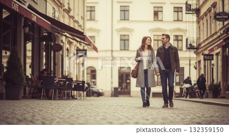 Sepia-toned European street corner - A retro afternoon filled with pedestrians 132359150