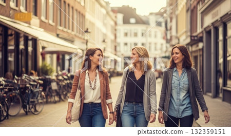 Sepia-toned European street corner - A retro afternoon filled with pedestrians 132359151