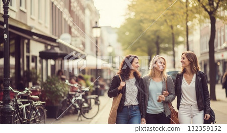 Sepia-toned European street corner - A retro afternoon filled with pedestrians 132359152
