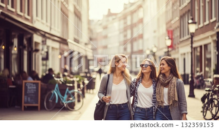 Sepia-toned European street corner - A retro afternoon filled with pedestrians 132359153