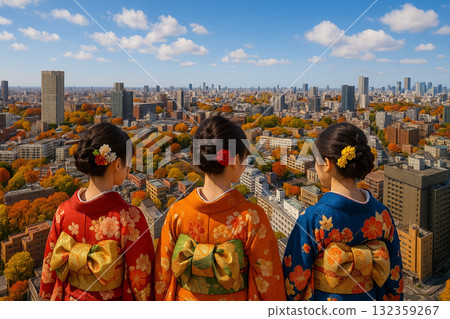 Autumn leaves overlooking the cityscape towards the Tokyo Metropolitan Government Building from New Man Takanawa 132359267