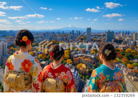 Autumn leaves overlooking the cityscape towards Mount Fuji from New Man Takanawa 132359269