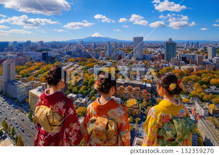 從新人高輪眺望富士山的秋葉 132359270