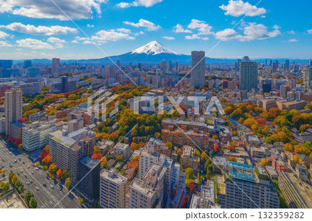 Autumn leaves overlooking the cityscape towards Mount Fuji from New Man Takanawa Autumn leaves overlooking the cityscape towards Mount Fuji from New Man Takanawa 132359282