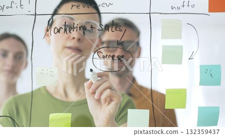 Professional businesswoman wearing glasses writing on glass board, marking strategic plan with sticky notes while colleagues brainstorming in background Professional businesswoman wearing glasses writing on glass board, marking strategic plan with sticky notes while colleagues brainstorming in background 132359437