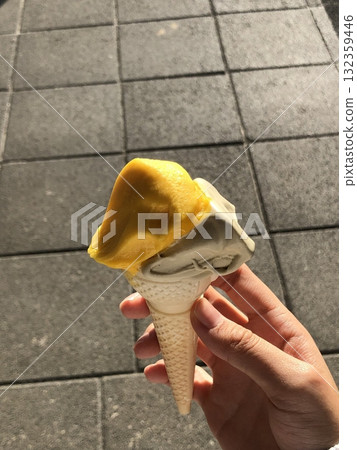 Creamy ice cream scooped into a crunchy waffle cone, melting slightly under warm sunlight. The perfect treat with classic flavors and a nostalgic touch. Creamy ice cream scooped into a crunchy waffle cone, melting slightly under warm sunlight. The perfect treat with classic flavors and a nostalgic touch. 132359446