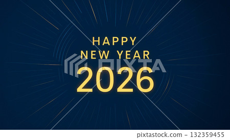 Happy New Year 2026 in gold letters on blue background design Happy New Year 2026 in gold letters on blue background design 132359455