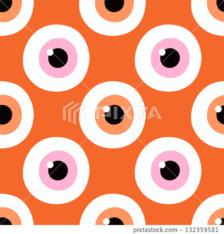 Simple eyes hand drawn Halloween seamless pattern on orange background. Vector wallpaper illustration repeat design for fabric print, sticker, cover, wrapping. 132359581
