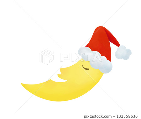 Watercolor illustration of a sleeping crescent moon wearing a Santa hat Watercolor illustration of a sleeping crescent moon wearing a Santa hat 132359636
