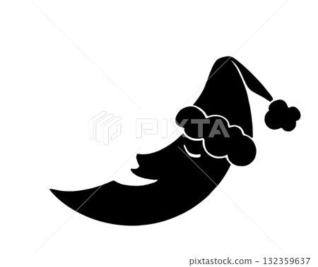 Black and white illustration of a sleeping crescent moon wearing a Santa hat (with white border) Black and white illustration of a sleeping crescent moon wearing a Santa hat (with white border) 132359637