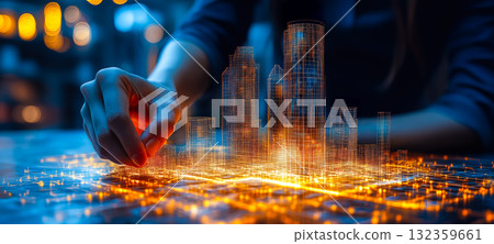 An architect brings architectural designs to life with 3D holographic construction models. Generative AI. An architect brings architectural designs to life with 3D holographic construction models. Generative AI. 132359661