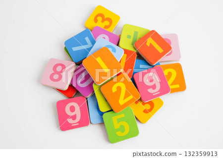 Number wood block cubes for learning Mathematic, education math. 132359913