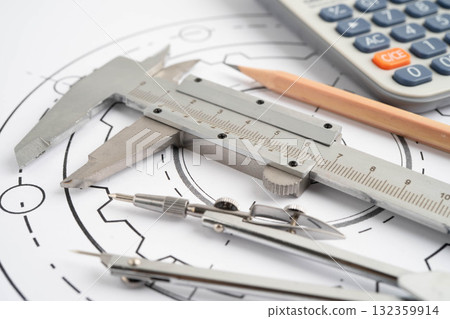 Engineering and precision tools with metal ball bering, mechanical industrial. 132359914