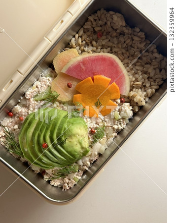 A traditional Korean dosirak, beautifully arranged with rice, assorted banchan, and savory proteins. Balanced and visually inviting, its a portable meal packed with vibrant flavors. 132359964