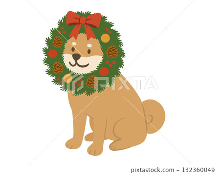 Illustration of a Shiba Inu wearing a Christmas wreath Illustration of a Shiba Inu wearing a Christmas wreath 132360049