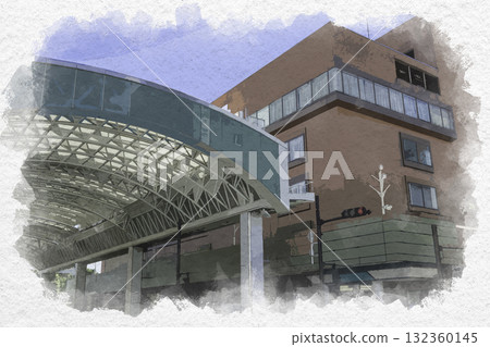 Watercolor painting of Tottori Station, Tottori Daimaru (Maruyoshi Department Store) and Sun Road Arcade, Tottori City, Tottori Prefecture 132360145