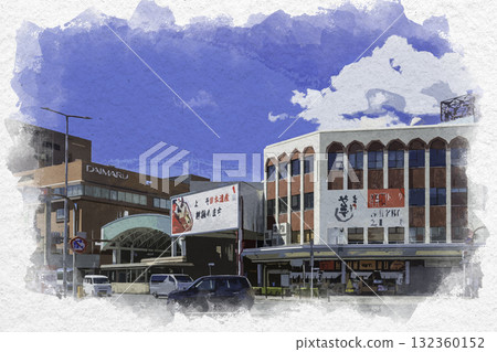 鳥取縣鳥取市鳥取站、鳥取大丸（丸吉百貨店）、太陽路商店街的水彩畫 132360152