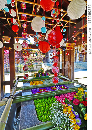 Beautifully decorated Chozuya with flower hand water and sagemon 132360283