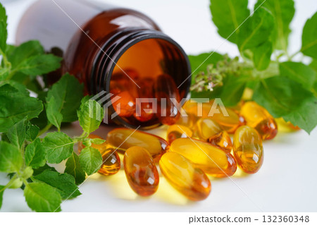 Alternative medicine herbal organic capsule with vitamin E omega 3 fish oil, mineral, drug with herbs leaf natural supplements for healthy good life. 132360348