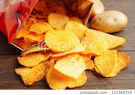 Potato chips , delicious BBQ seasoning spicy for crips, thin slice deep fried snack fast food. Potato chips , delicious BBQ seasoning spicy for crips, thin slice deep fried snack fast food. 132360354