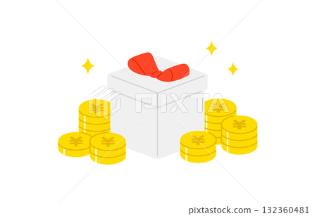 Piles of yen coins and a diagonal gift box [Vector illustration material] 132360481