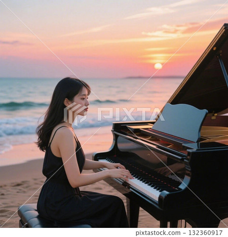 日落時分在沙灘上彈鋼琴的女人 132360917