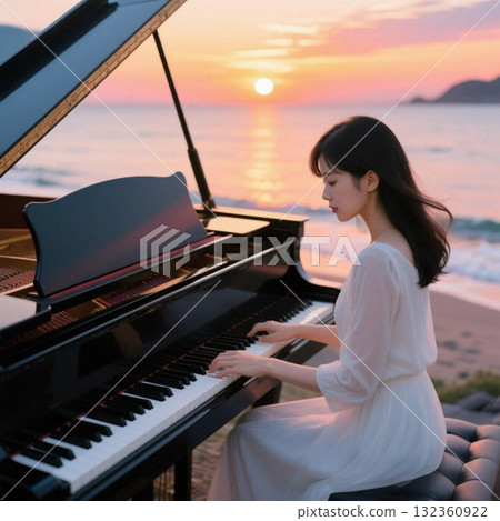 日落時分,一位女士在沙灘上彈鋼琴 日落時分,一位女士在沙灘上彈鋼琴 132360922