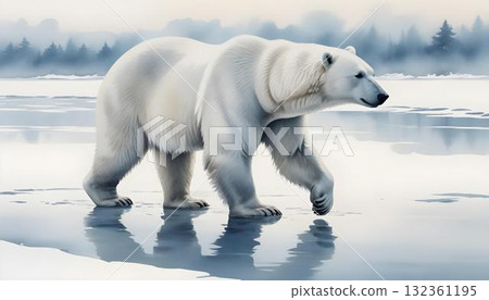 A serene watercolor depicting polar bears among snow-covered trees, a frozen lake, and a cozy cabin in a winter landscape A serene watercolor depicting polar bears among snow-covered trees, a frozen lake, and a cozy cabin in a winter landscape 132361195