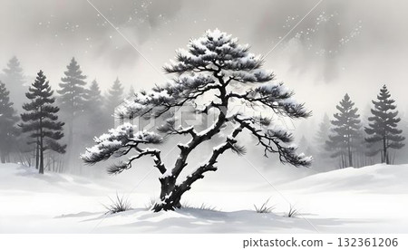 Winter landscape featuring a snow-covered pine tree amidst a serene forest, with snowy mountains and a frozen lake in the background Winter landscape featuring a snow-covered pine tree amidst a serene forest, with snowy mountains and a frozen lake in the background 132361206