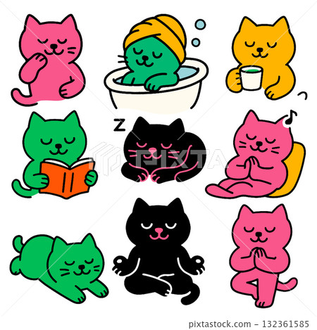 Cute cat illustration relaxing meditating reading bathing drinking sleeping playful colorful Cute cat illustration relaxing meditating reading bathing drinking sleeping playful colorful 132361585