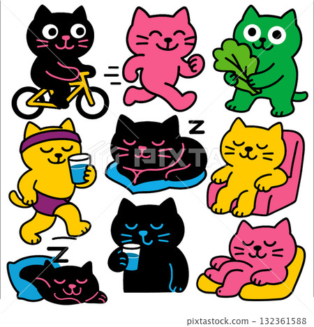 Black cat riding bicycle, pink cat running, green cat holding leaf, yellow cat relaxing 132361588